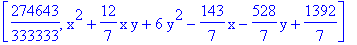 [274643/333333, x^2+12/7*x*y+6*y^2-143/7*x-528/7*y+1392/7]